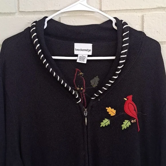 Breckenridge Black Embroidered Red Cardinal Zip Up Sweater. Size XL - Picture 2 of 10